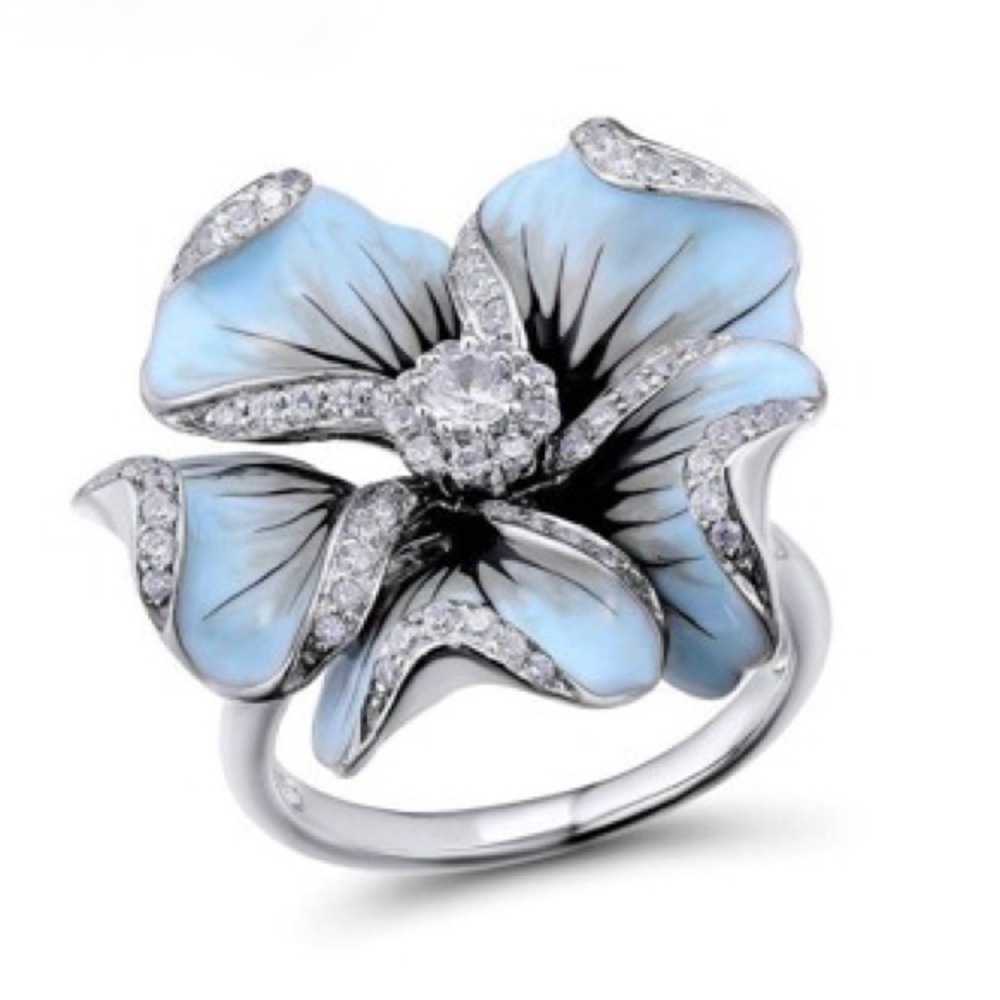 New Handmade Floral Sterling Silver Blue Hibiscus Flower Cocktail Statement Ring